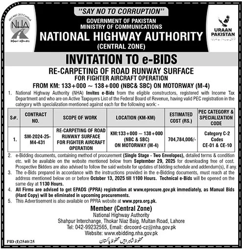 National Highway Authority Lahore Tender Notice
